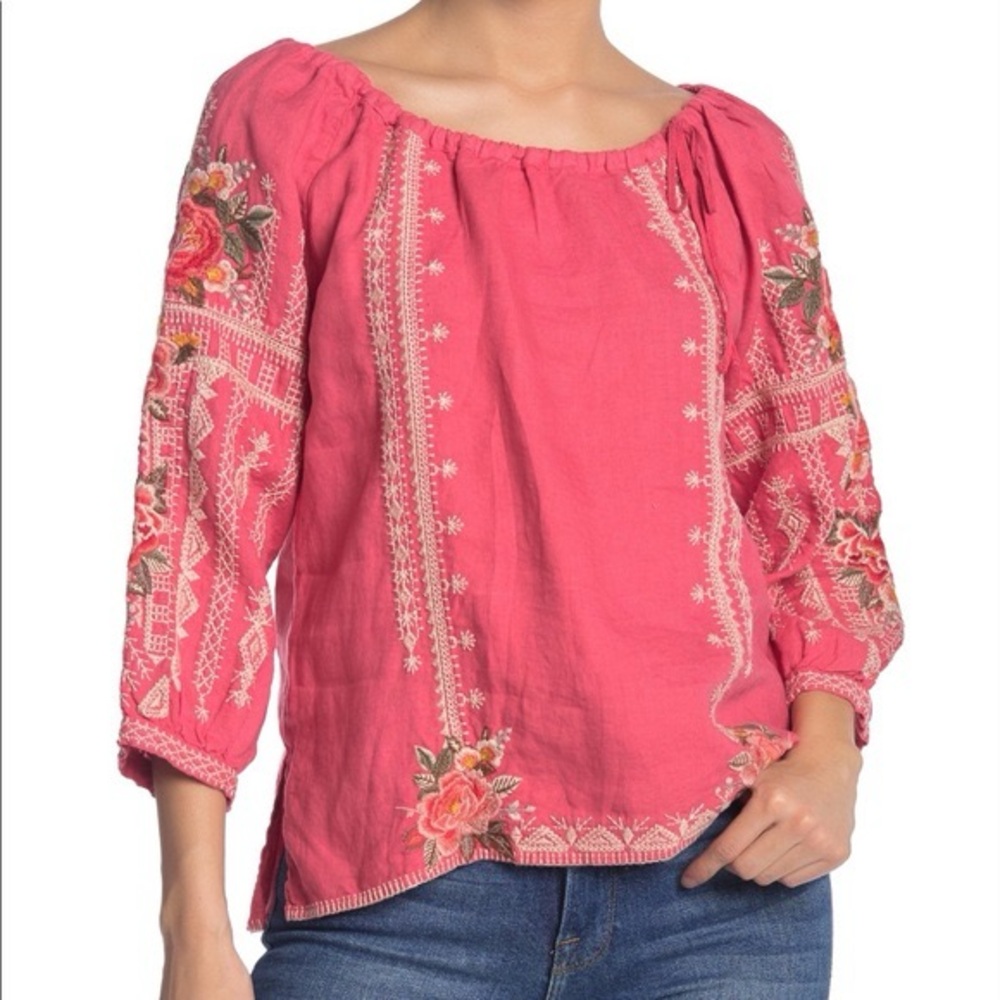 Johnny Was Paola Peasant Tie Blouse Pink Embroidered Size Medium